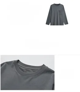 Detail view of a gray long sleeve t-shirt showing the crew neck and chest pocket