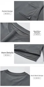 Detail view of crew neck, chest pocket with metal stud, and side slit hem on grey shirt
