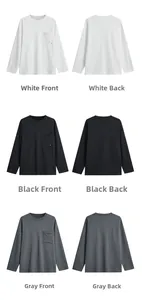 Front and back views of long sleeve crew neck t-shirts with chest pocket in white, black and gray