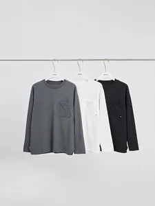 Men's Casual Cotton Polyester Long Sleeve T-Shirt Loose Fit Crew Neck Solid Color Studded Pocket Basic Autumn Tee Top