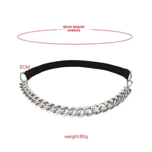 Detail view of 2cm wide silver metal chain belt with 66cm stretchy elastic band