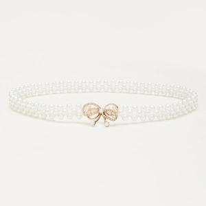Women Artificial Pearl Elastic Belt Bowknot Rhinestone Buckle Elegant Waist Chain For Wedding Party Dress Decorative Belt Jewelry