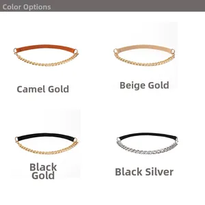 Detail view of elastic waist belts in camel, beige and black with metallic chain link accents