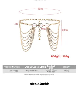 Detail showing tiered golden metal chain belt with rhinestones and size measurements