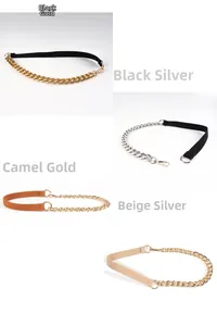 Detail of high elastic waist chains in black, camel, and beige with metal hook buckles