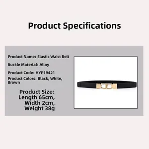 Detail showing elastic black belt with golden double ring alloy buckle and 65cm length info