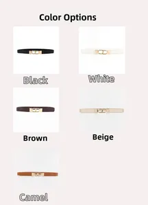 Detail showcasing variety of colors for women's slim leather belts with gold interlocking buckles