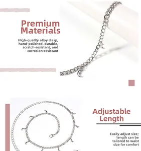 Detailed macro view of silver star and moon waist chain with adjustable metal clasp