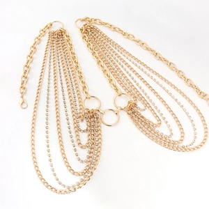 Gold multi-layer body chain with rhinestones and punk style metal link fringes