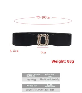 Dimensions détaillées de la ceinture élastique noire avec boucle carrée ornée de strass