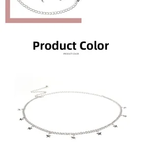 Detailed view of silver star charms on a delicate alloy waist body chain accessory