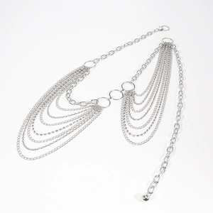 Multilayer silver metal body chain with shimmering rhinestones and punk lobster clasp