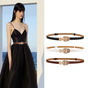 Ceinture Fine Vintage Pour Femmes Avec Boucle Dorée Sculptée Ajustable En Cuir Synthétique Pour Robes Et Costumes Accessoire