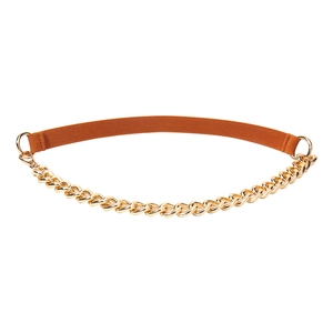 Women's brown high elastic waist belt with textured fabric and golden chunky chain links