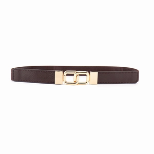 Women's dark brown elastic waist belt featuring a polished golden double ring buckle