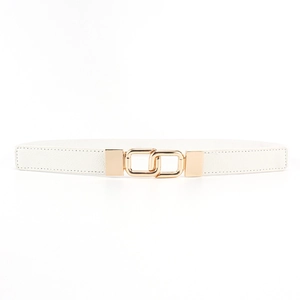Detail of white leather belt showing lychee texture and gold interlocking square buckle