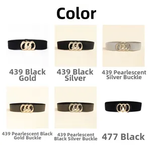 Detail view of elastic waist belts for women with triple interlocking rings in gold and silver