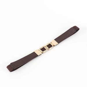 Detail of dark brown elastic belt with golden double ring buckle and leather stitching