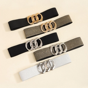 Women's wide elastic waist belts in black, gold, and silver with triple ring metal buckles