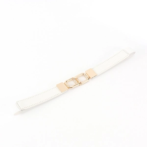 Close-up of white elastic skinny belt with a gold rectangular interlocking metal buckle