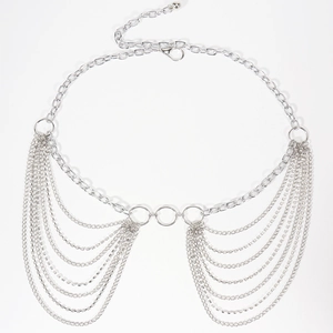 Detail of silver multi-layer tassel metal waist chain with lobster clasp and shiny finish