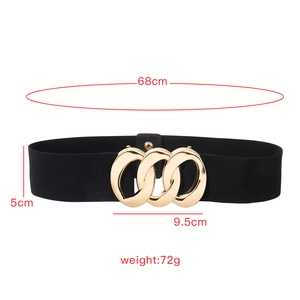 Elastic wide belt for women with detailed size specs and three-ring gold metal buckle