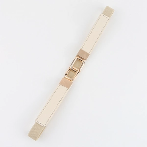 Detail of beige elastic belt with geometric interlocking gold alloy buckle for dresses