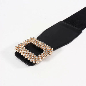 Ceinture élastique pour femme avec boucle carrée en strass scintillants, dorée et noire