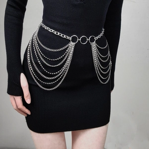Women's Multi-layer Metal Chain Belt Rhinestone Inlaid Waist Chain Tassel Adjustable Body Chain Punk Accessory