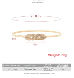 Detail of gold elastic spring belt with braided metal buckle and 71-101cm length info