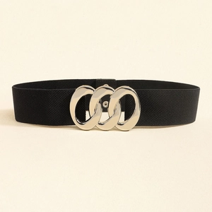 Detailed macro view of the silver triple-ring metal buckle on a black elastic wide belt
