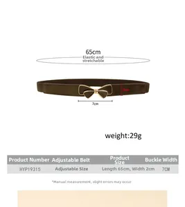 Detailed size chart showing dark brown elastic belt with golden bow buckle dimensions