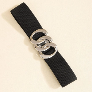Close-up of black elastic waist belt with triple interlocking silver rings buckle