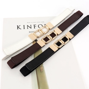 Women Fashion Elastic Belt With Gold Geometric Double Ring Alloy Buckle Versatile PU Leather Thin Waist Chain For Dresses