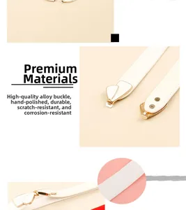 Detail of white thin belt featuring a polished gold alloy buckle and smooth texture