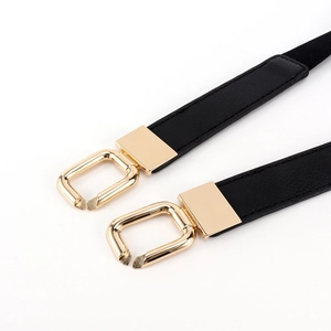Women's black elastic waist belt featuring a polished gold geometric double ring buckle
