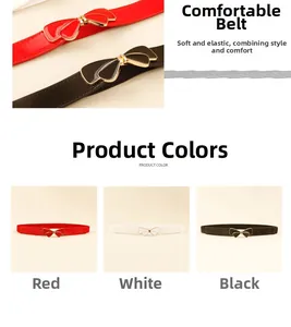 Detailed view of elastic skinny belts with glossy bow buckle in red, white and black