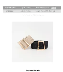 Size chart showing 98cm adjustable elastic woven belt with golden buckle details