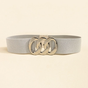 Detailed close-up of a wide elastic waist belt with a three-ring metal interlocking buckle
