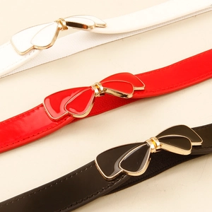 Women's slim elastic waist belt with oil-drip bow buckle in white red and black colors