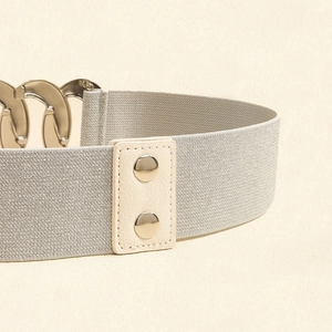 Detailed close-up of wide elastic belt featuring textured leather and a metallic chain buckle