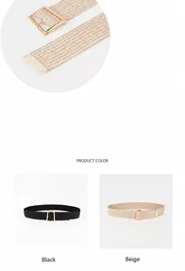 Detail of thin woven elastic waist belt with polished gold pin buckle for women