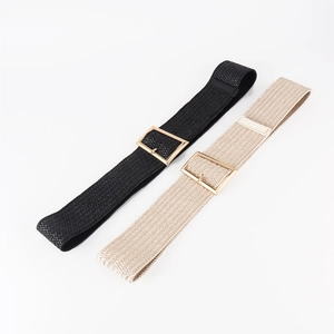 Elastic braided waist belt for women with gold pin buckle in black and beige colors