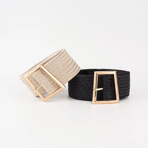 Elastic braided waist belt for women with elegant golden pin buckle in beige and black