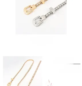 Detail of rhinestone waist chain with vintage engraved buckle in golden finish