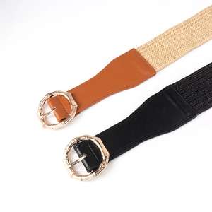 Elastic woven belt for women featuring a round bamboo-style alloy buckle in gold