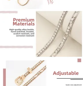 Close-up of sparkling rhinestone waist chains with engraved alloy buckle in gold and silver