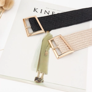 Braided elastic waist belts with rectangle metal buckles in black and beige colors