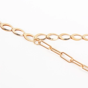 Macro detail of golden double-layer chain link featuring flat oval and rectangle rings