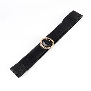 Women's black elastic corset belt with golden hexagonal buckle for dresses